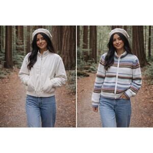 Vintage Reversible Jacket Womens M Cream Knit Stripe Zip Bomber Retro